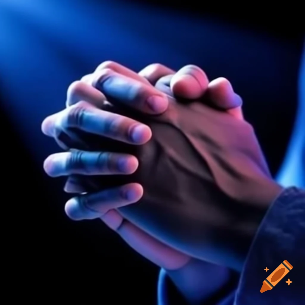 Hands clasped in prayer with blue and purple lighting on craiyon