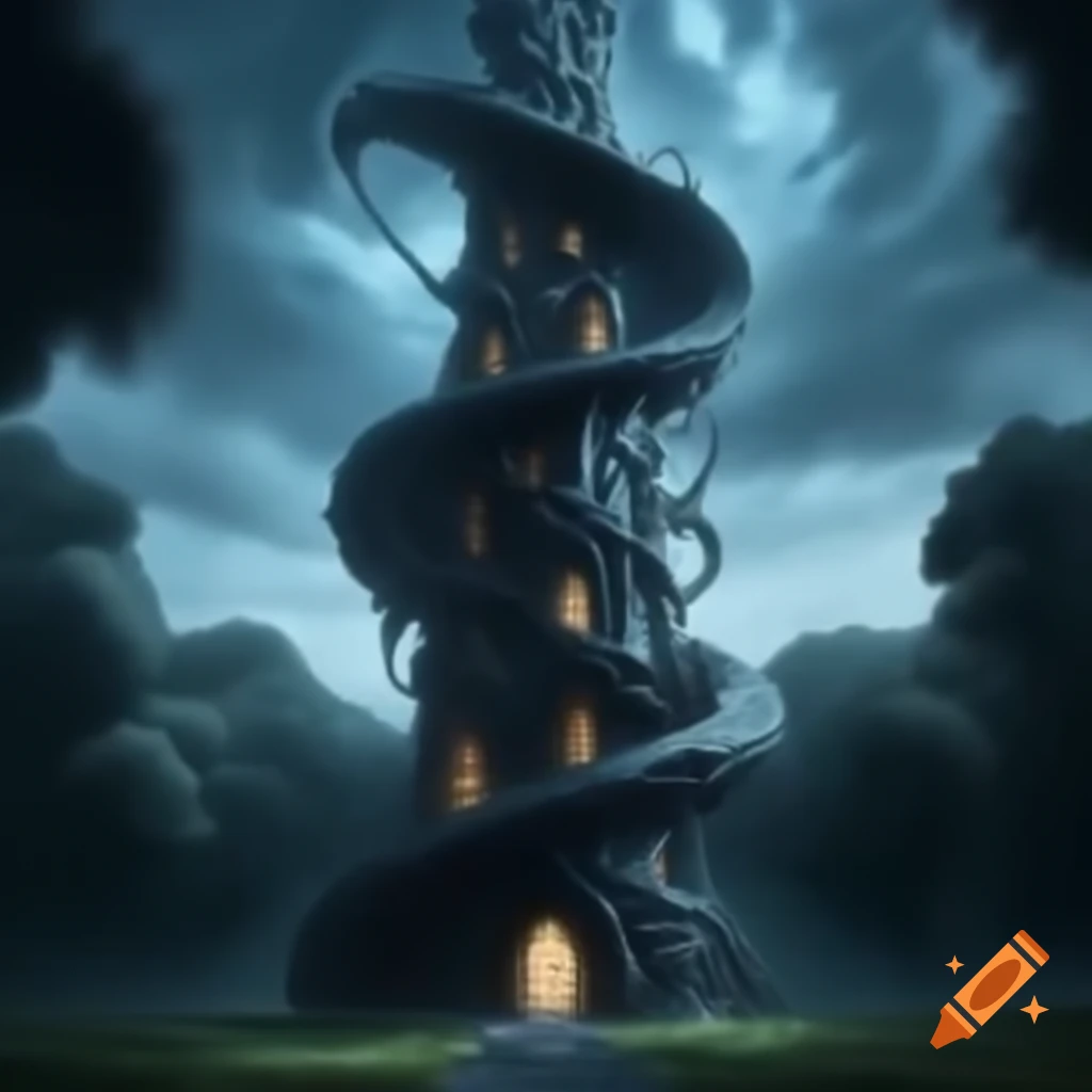 Dark wizard tower spiraling into the sky within a grove
