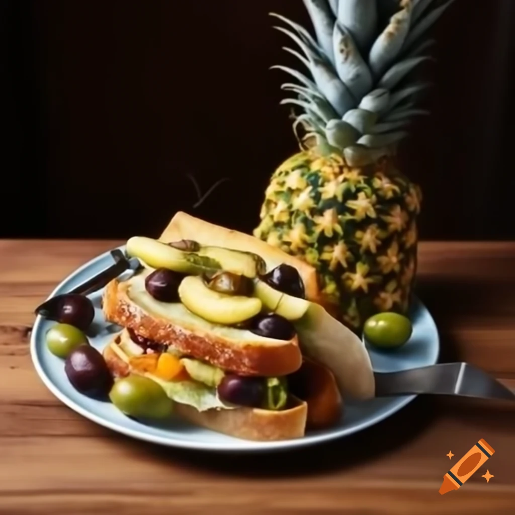 Creative sandwich with olives and pineapple in a quirky design