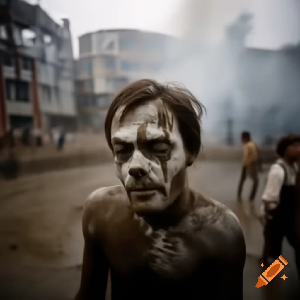 Vibrant cinematic full body shot of a humanoid figure made of mud, smoke, and clay