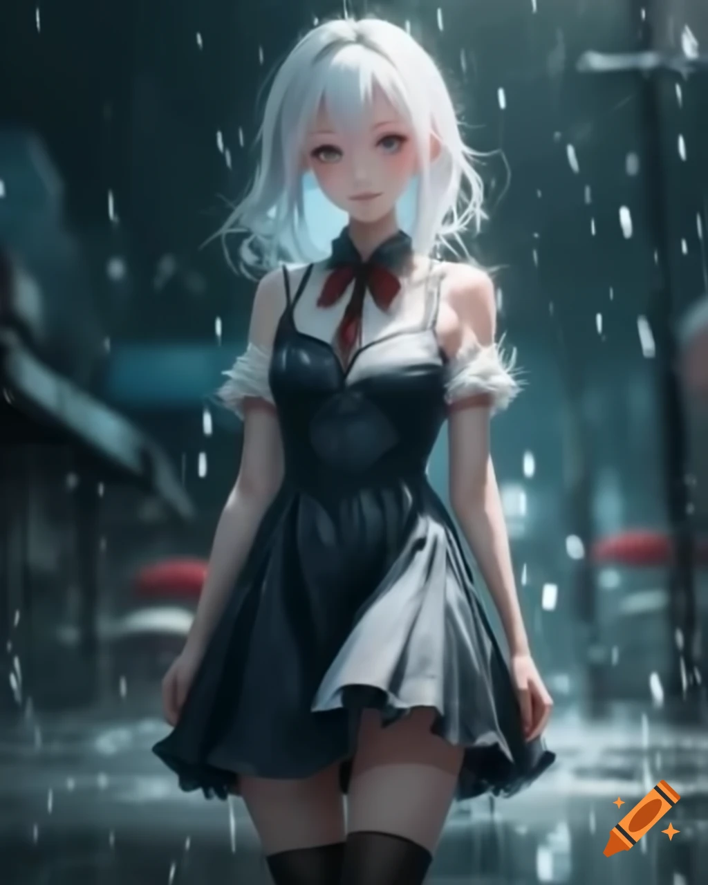 Anime woman with white hair and dress on a rainy day, realistic style