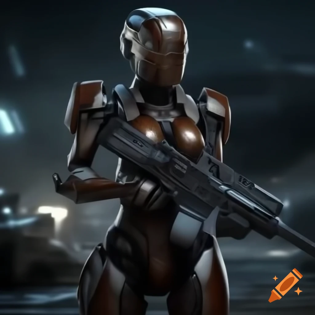 Cyborg warrior in armor suit with laser rifle in futuristic battlefield