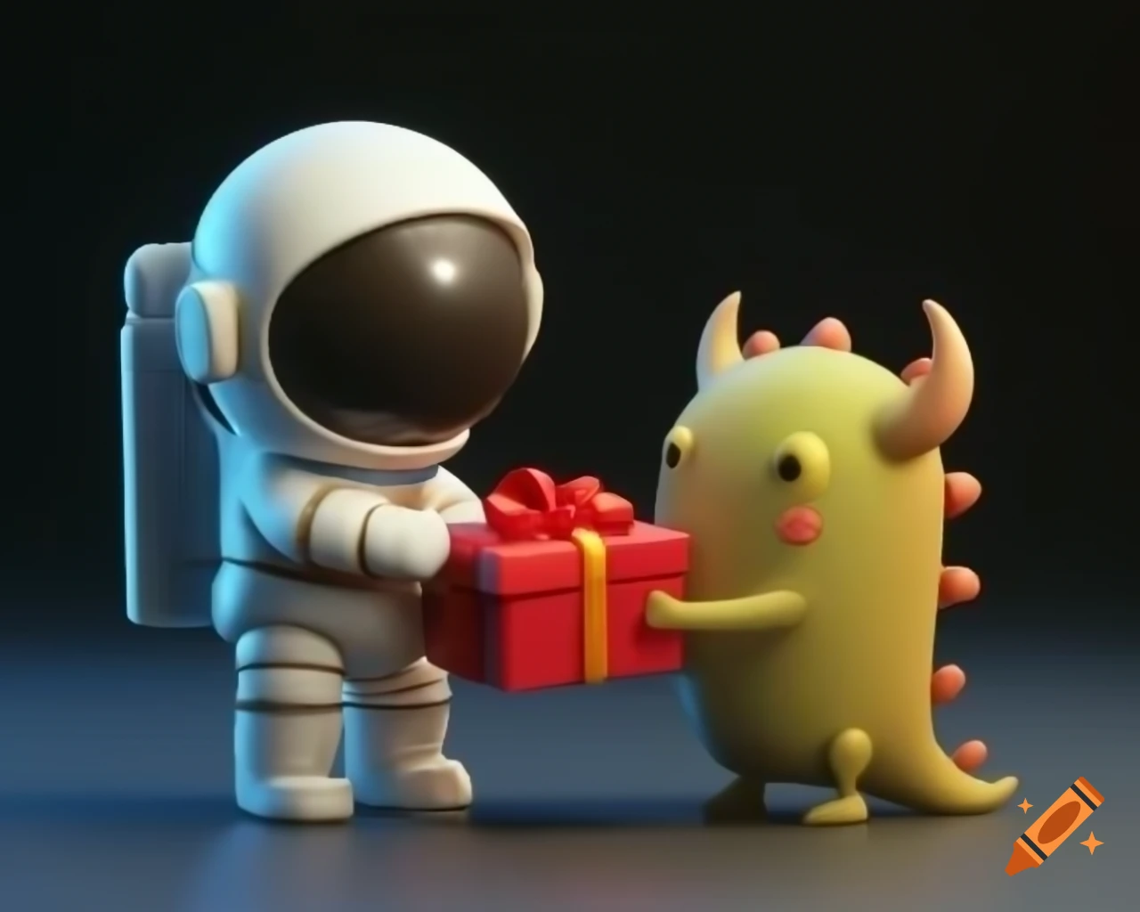 3D render of astronaut giving gift to monster in kawaii style