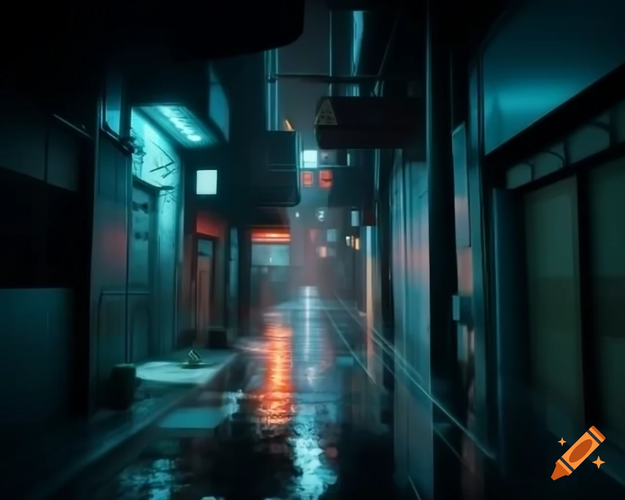 Cyberpunk alleyway with neon lights reflecting off wet surfaces