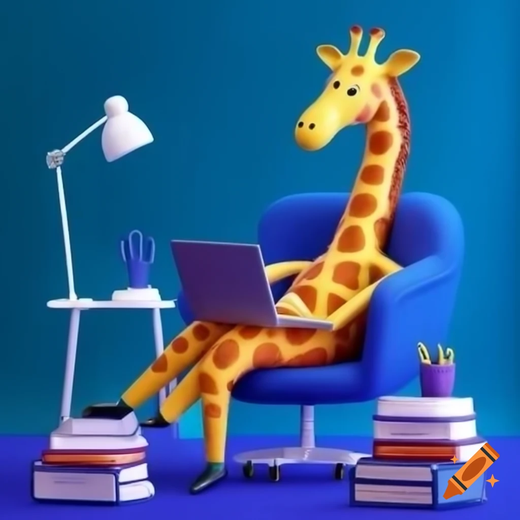 Giraffe sitting in blue chair with laptop and white books on desk