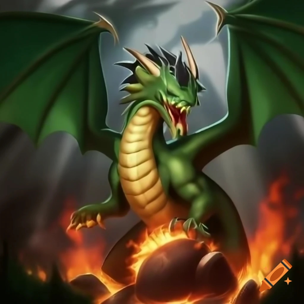 Longline dragon breathing fire in jade forest with emperor throwing flames