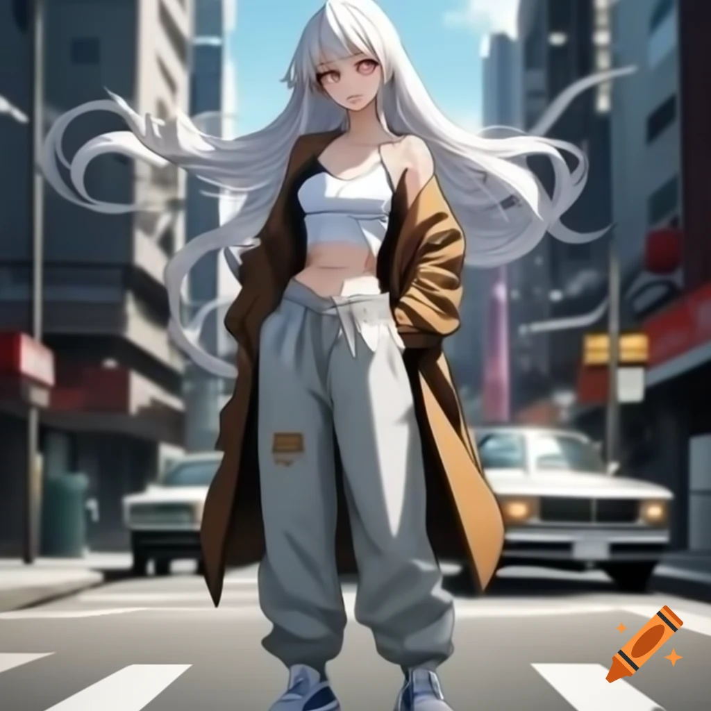 Anime-style tall woman with long white hair in casual outfit