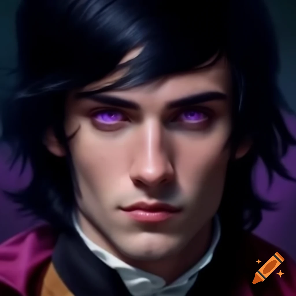Late Renaissance noble man with black hair and purple eyes in colorful attire