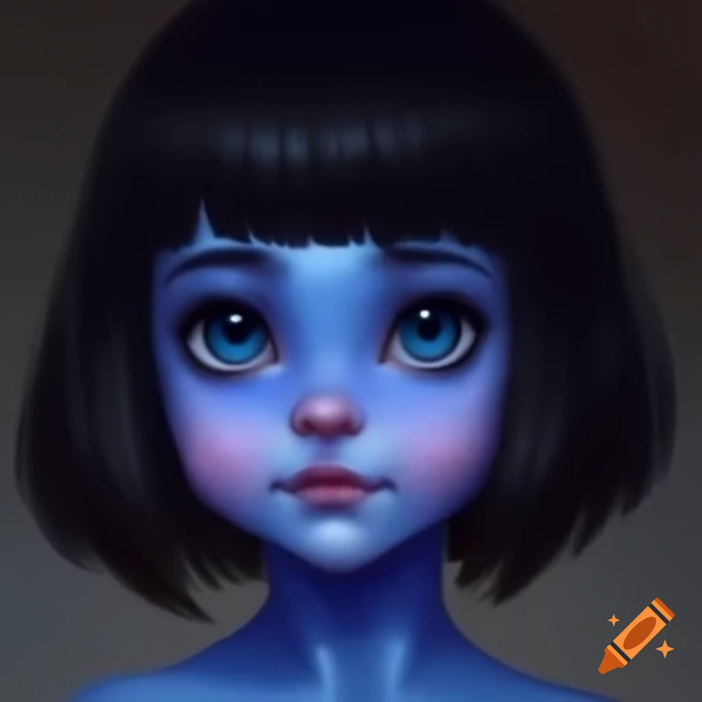 Toddler girl with blue skin and black hair, resembling a human