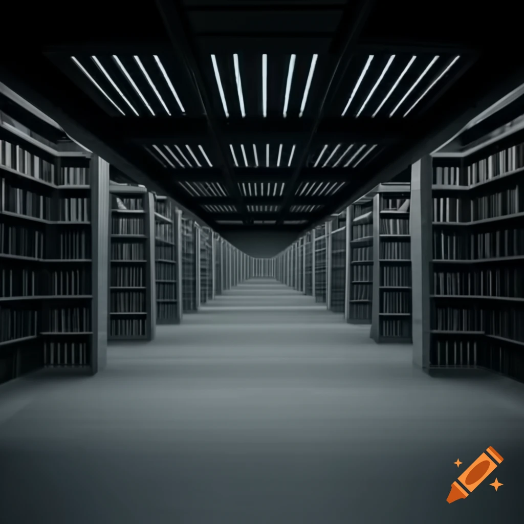 Futuristic brutalism style interior of an empty monochrome library