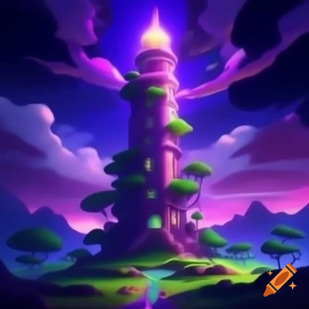 Inspiring illustration of a large purple tower with green highlights