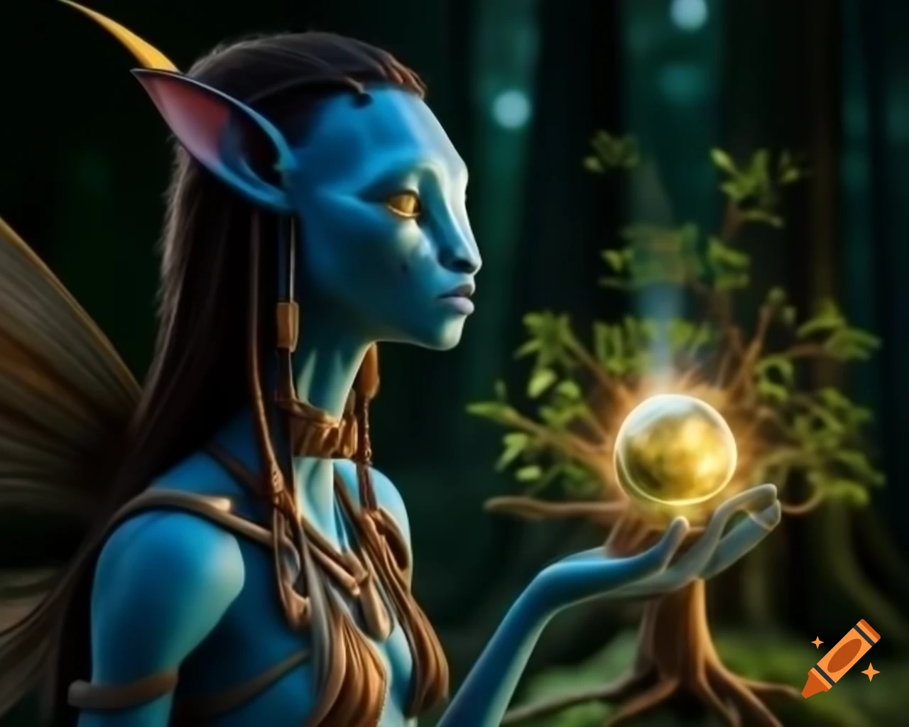 Photorealistic 3D render of a fairy next to a tree in a forest