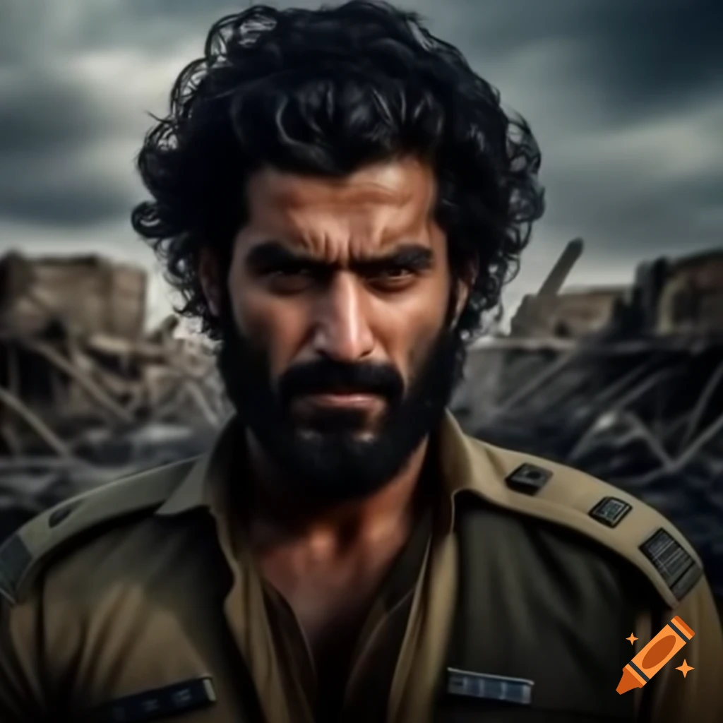 Pakistani man in military shirt against war-torn backdrop