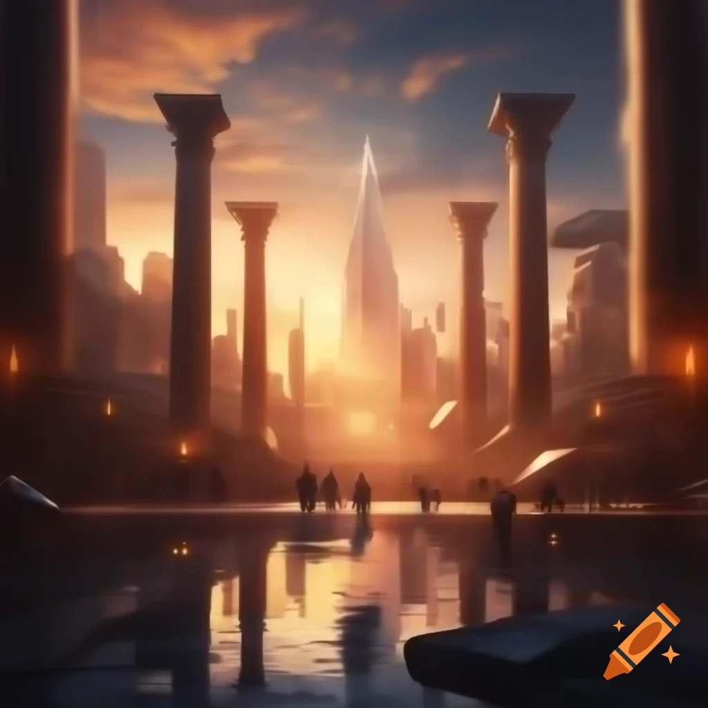 Futuristic city with skyscrapers and classical Greco-Roman architecture