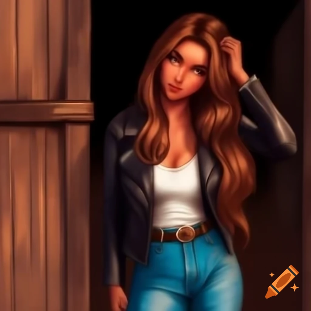 Hyperrealistic portrait of a woman in casual outfit looking through barn door