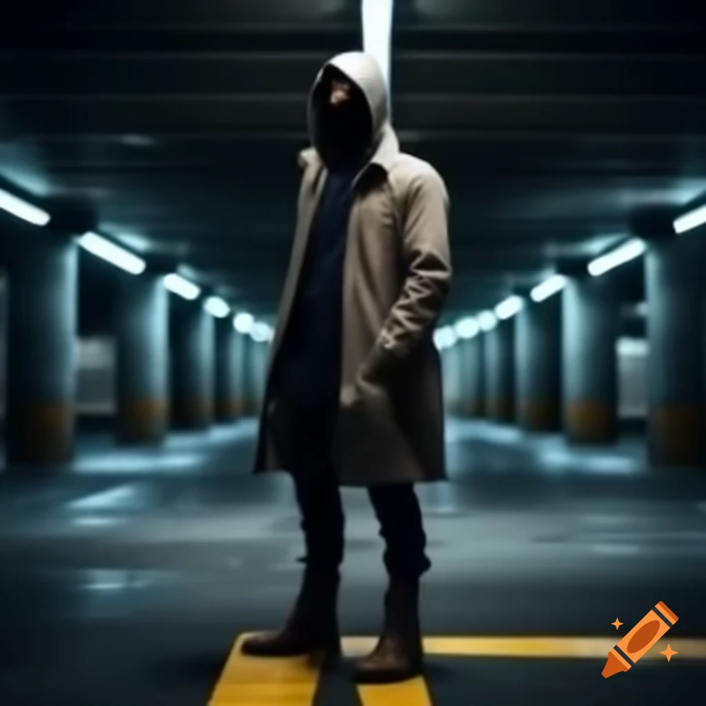 Masked figure in trench coat and combat boots standing in parking garage