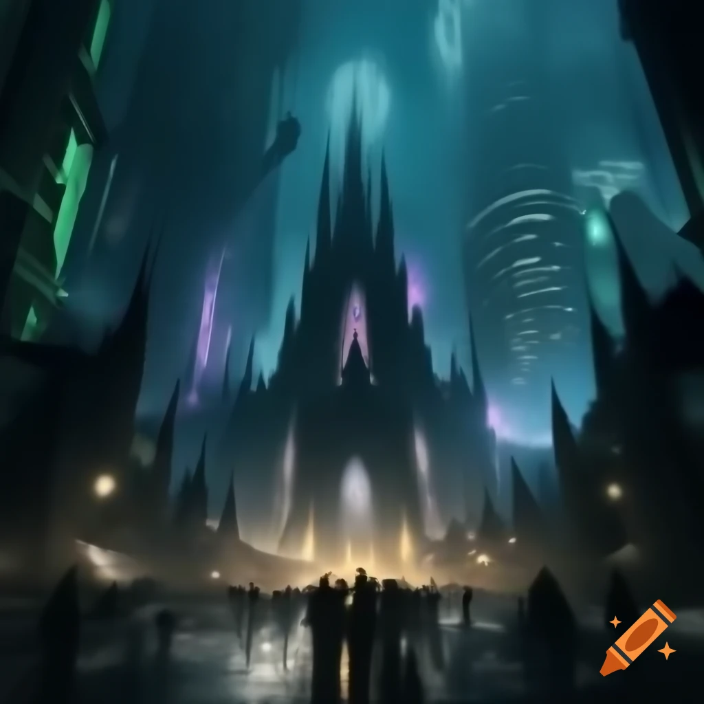 Futuristic cityscape with gothic architectural elements and towering skyscrapers