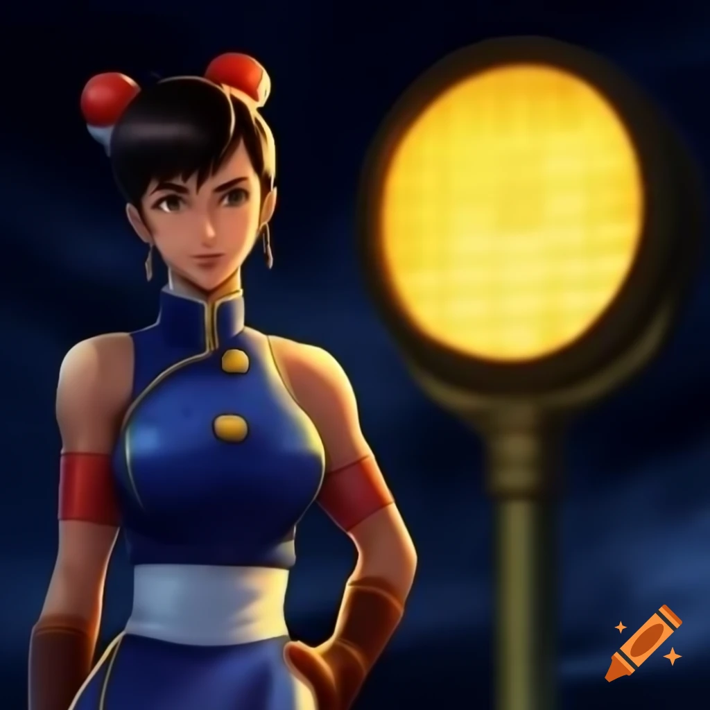 Anime character Chun-li from Street Fighter in front of floodlight, akimbo stance