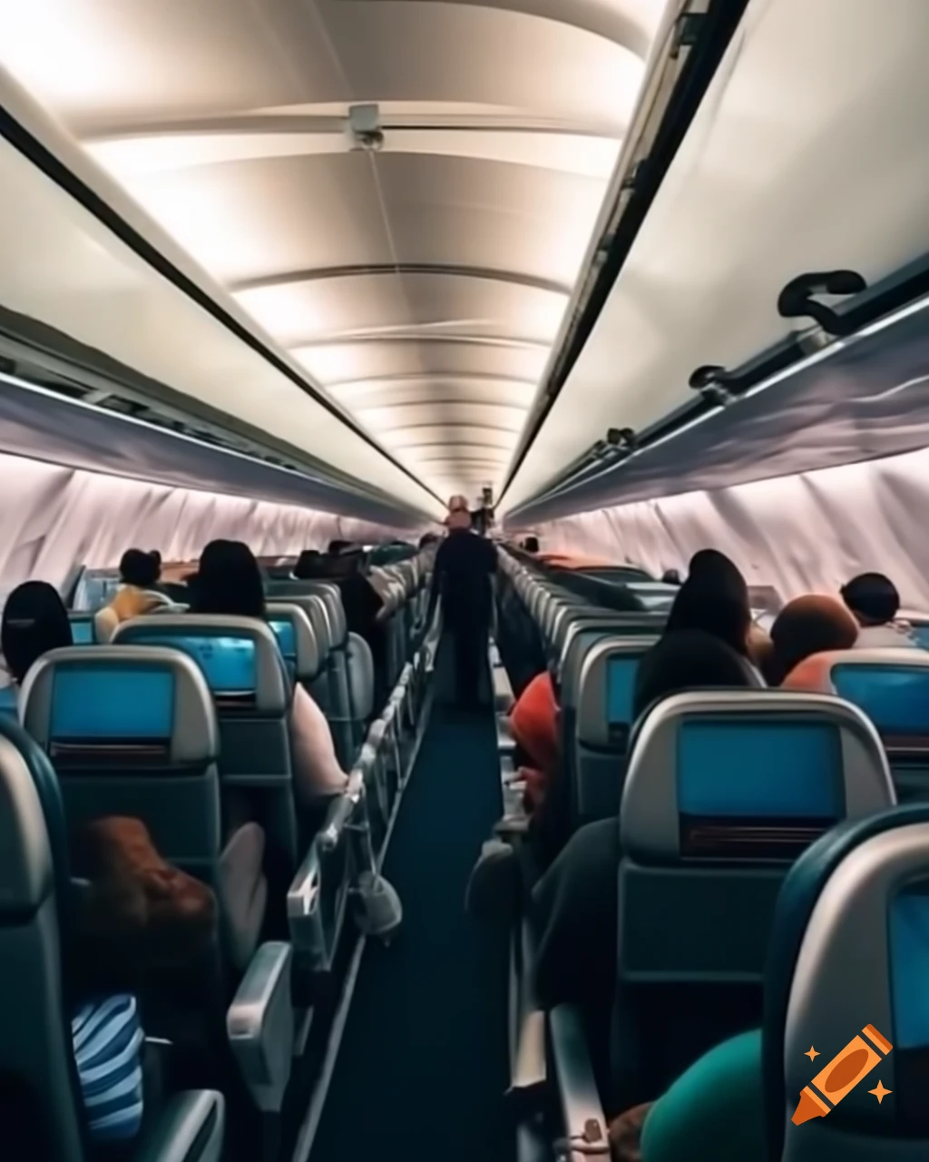 Airplane interior with passengers seated