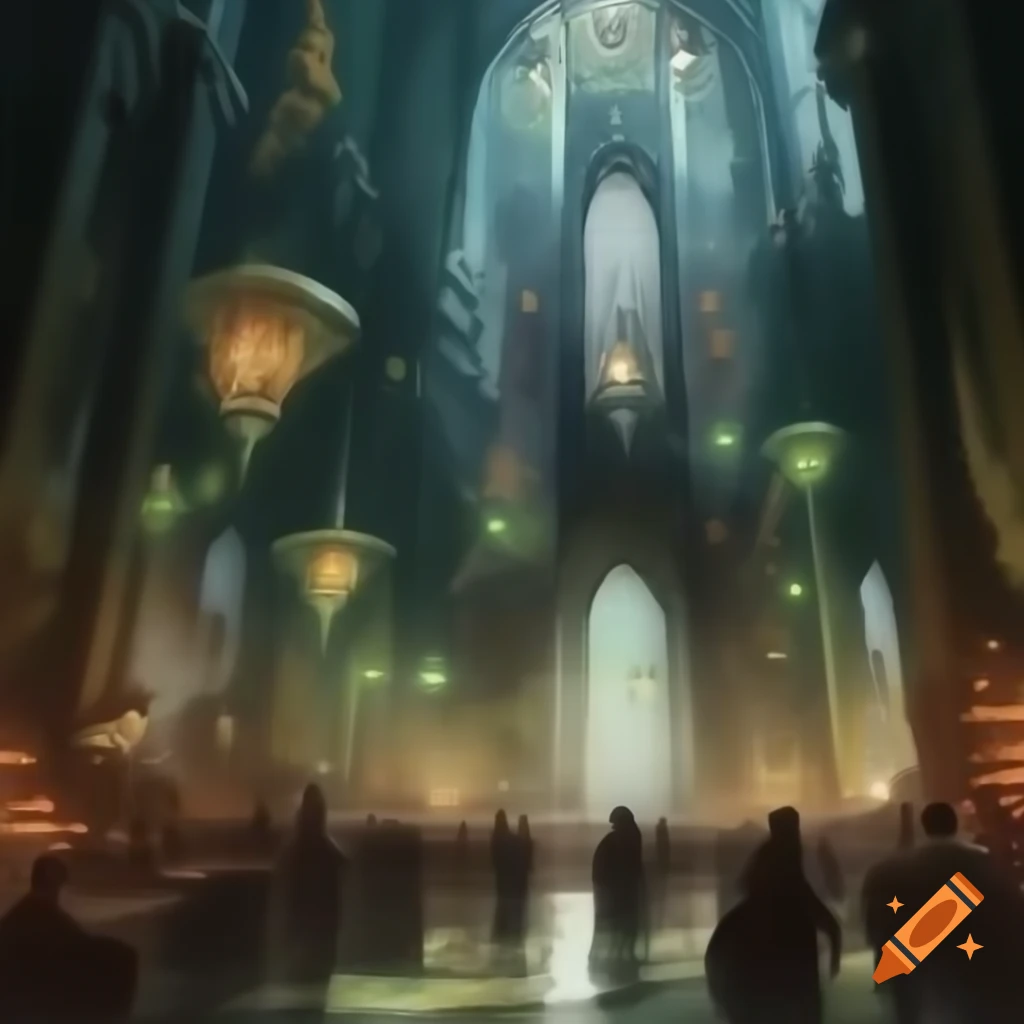 Gothic cathedral in steampunk city with spires, gears, and stained glass