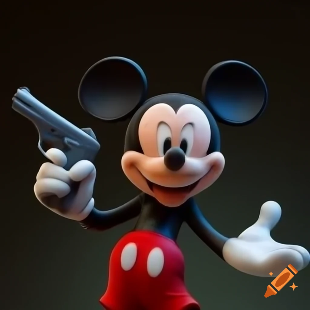 Character resembling Mickey Mouse waving a handgun, depicting villainous theme