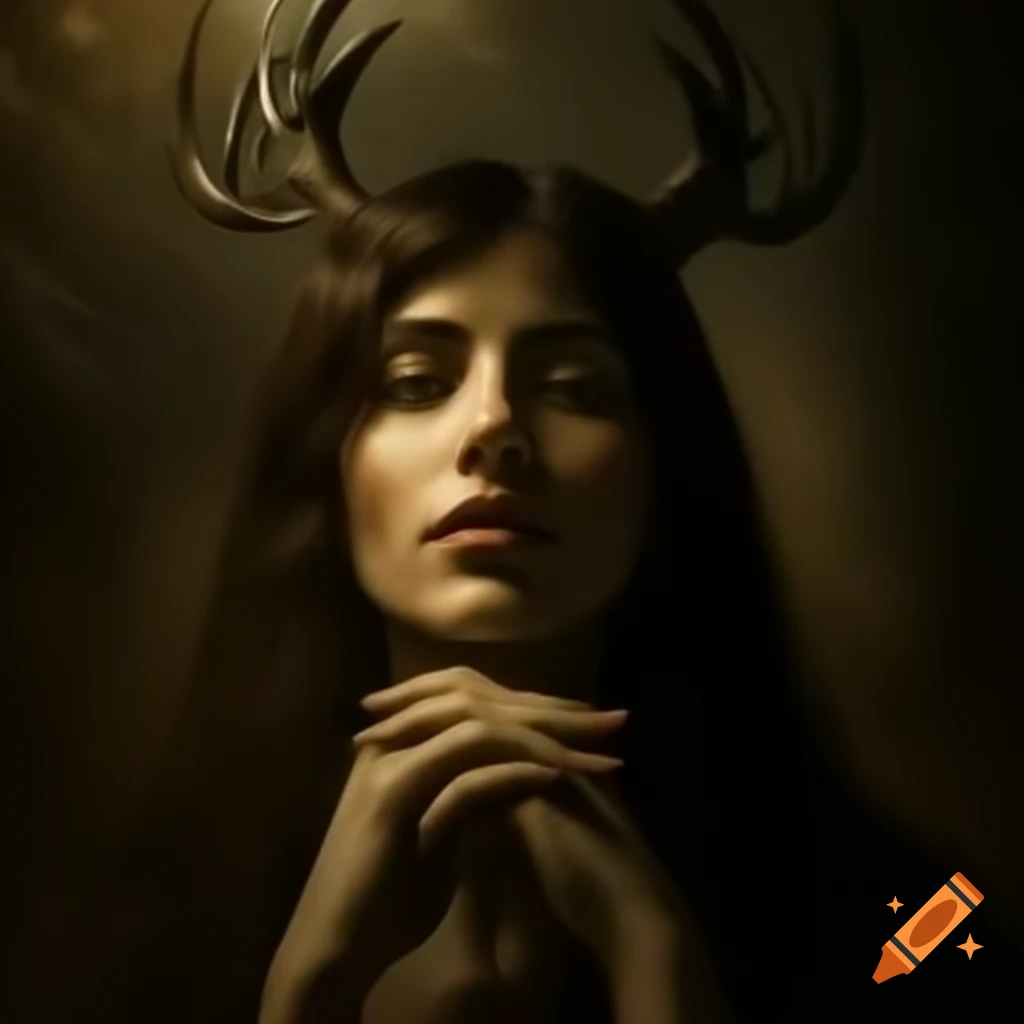 Baroque art scene featuring a woman with antlers in a starry haze