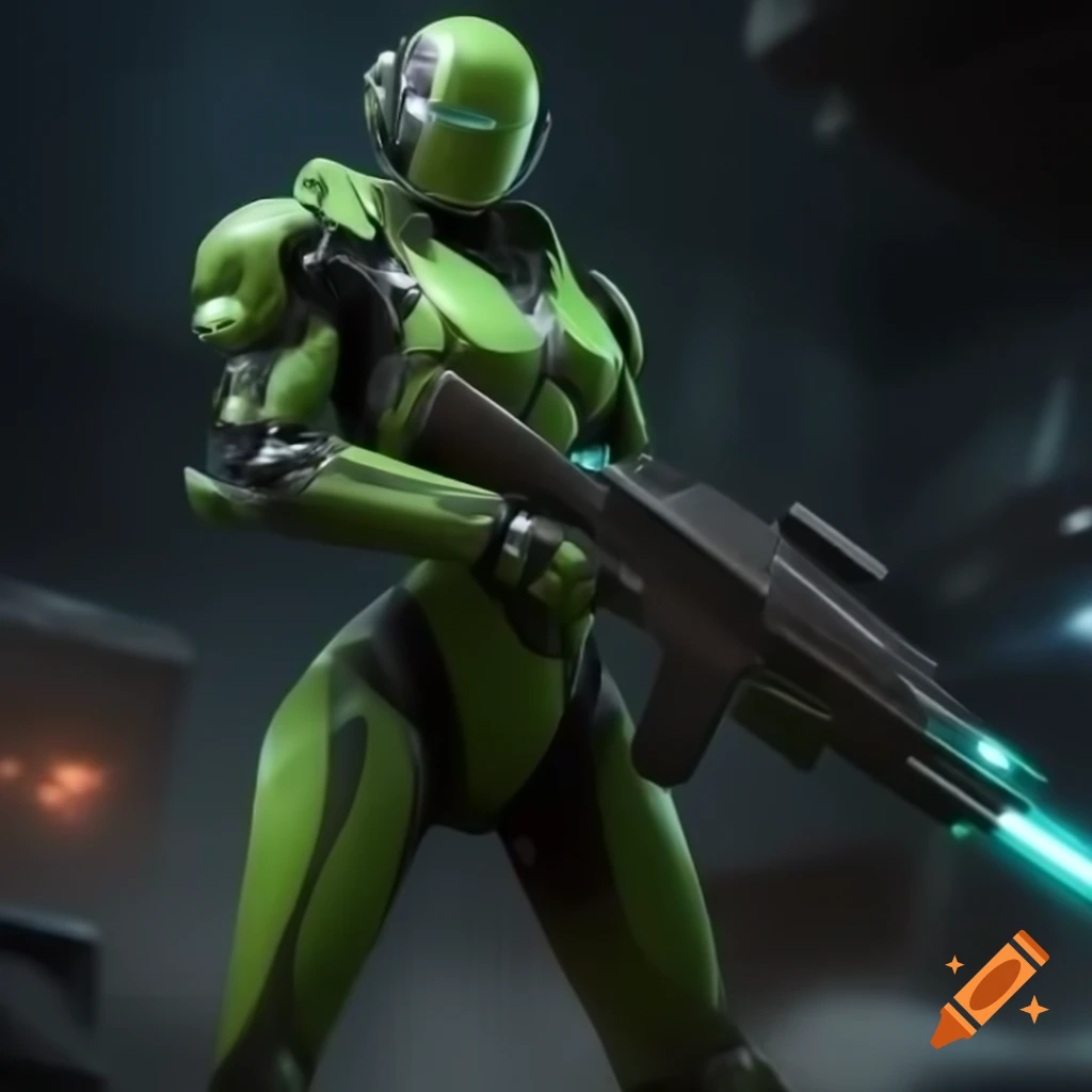 Cyborg warrior in green armor with laser rifle on futuristic battlefield