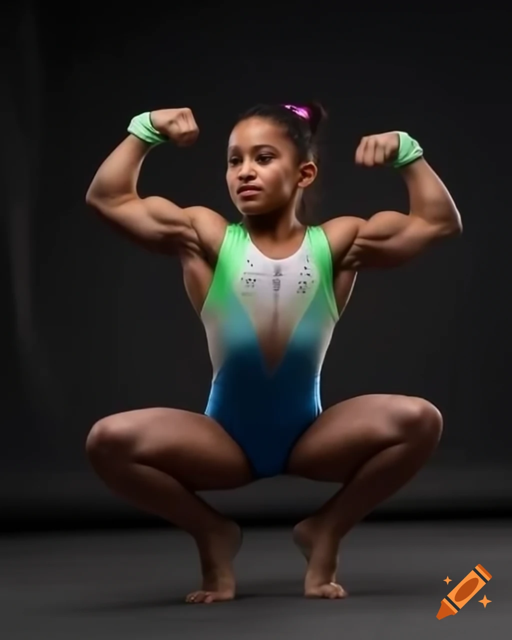 Hispanic female gymnast showcasing strength and muscular physique