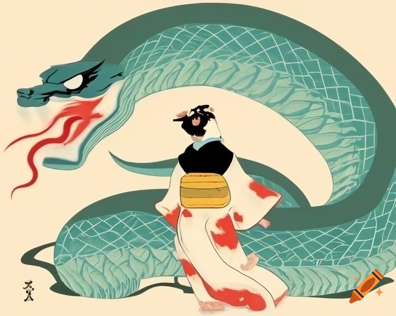 Woman in kimono observing giant snake in Japanese illustration