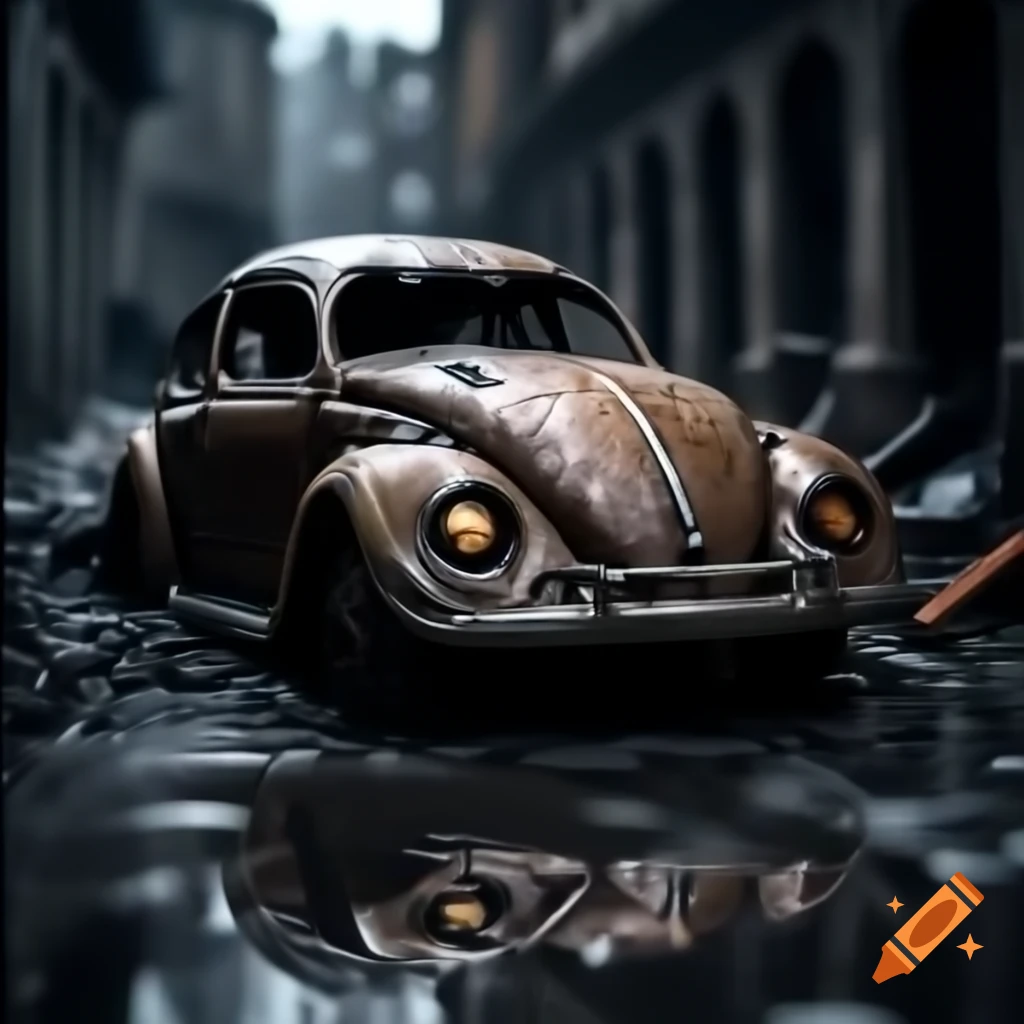 Eerie aftermath of car accident with rusted VW beetles in pouring rain
