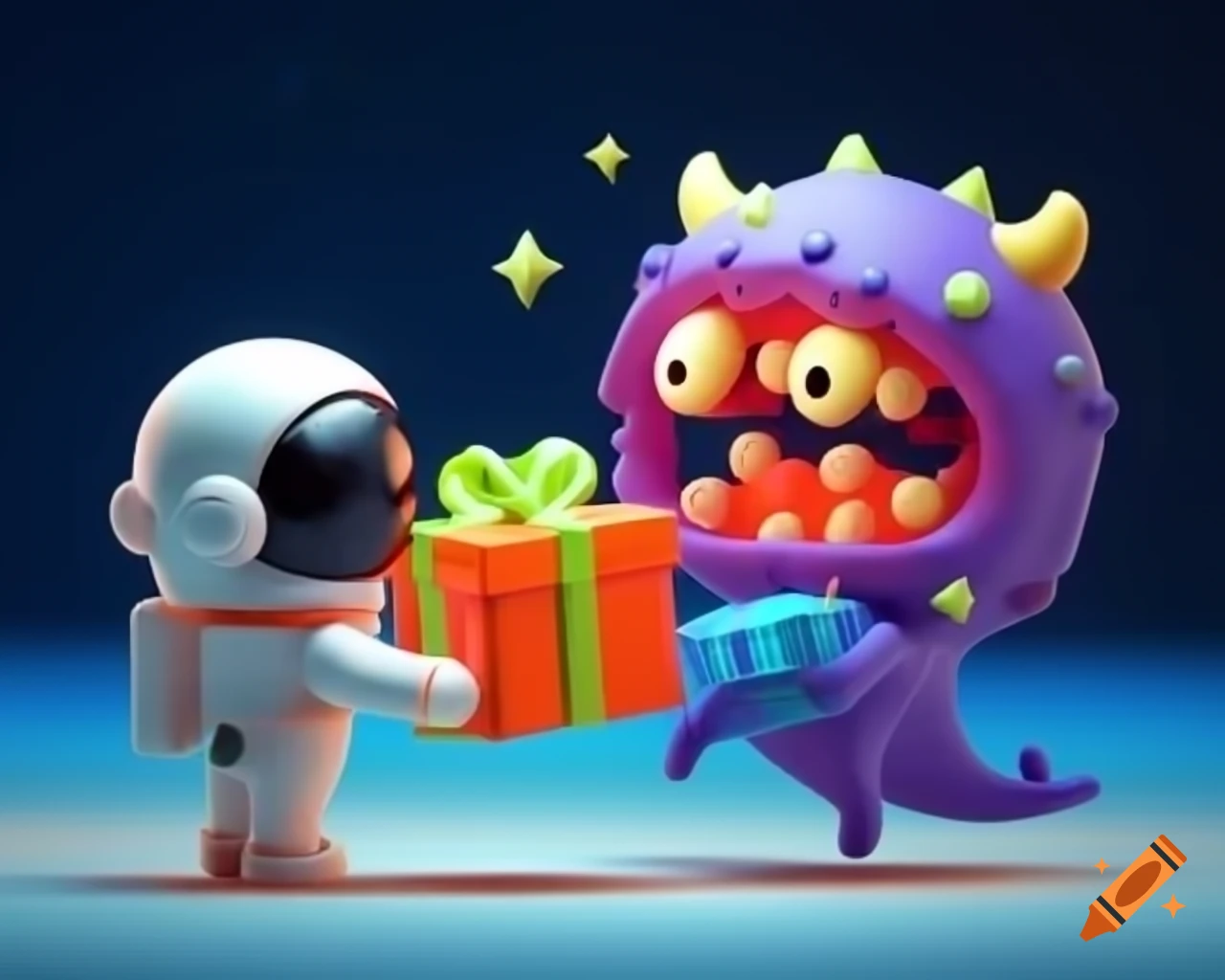Kawaii 3D illustration of astronaut giving gift to a monster