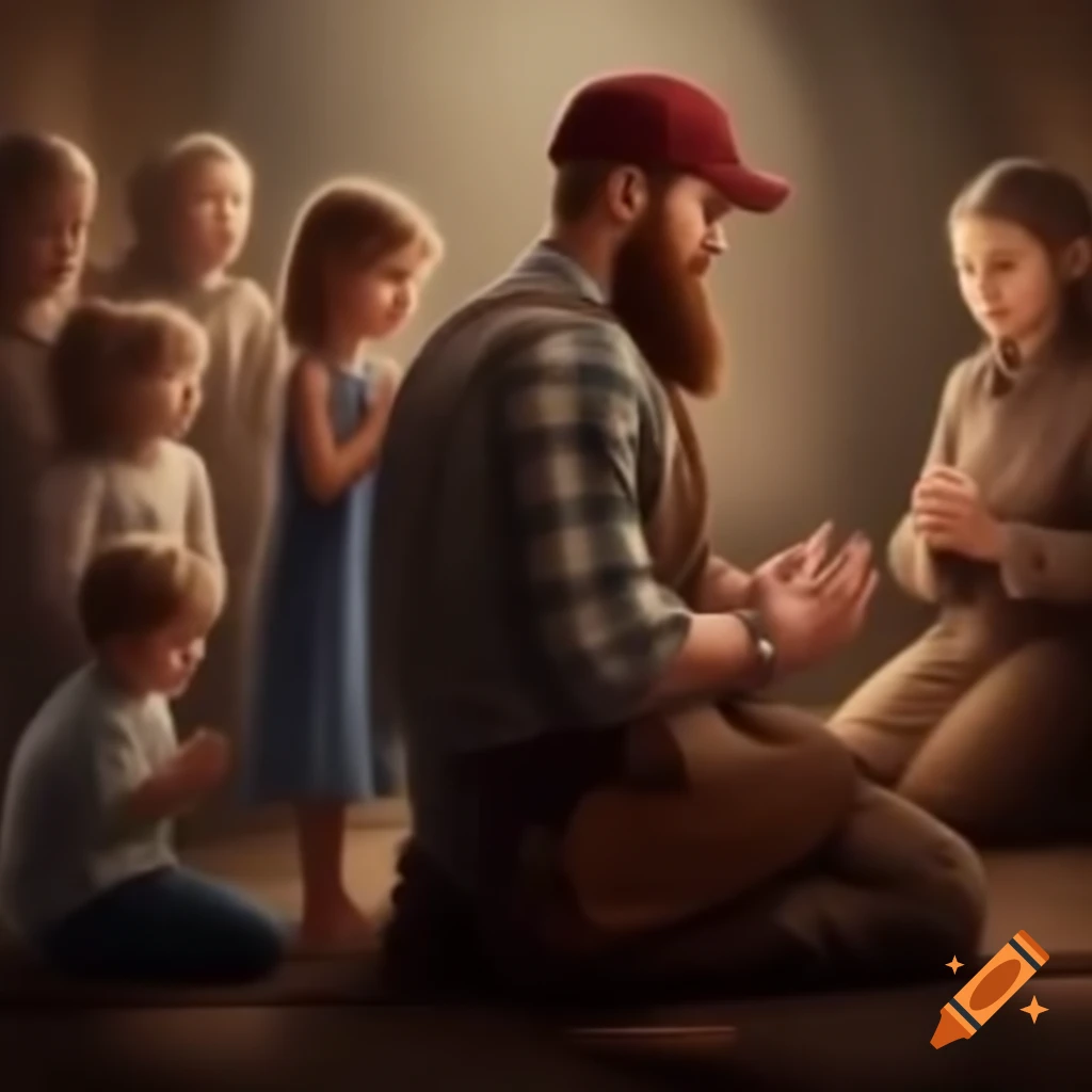 Lumberjack praying with his wife and four children