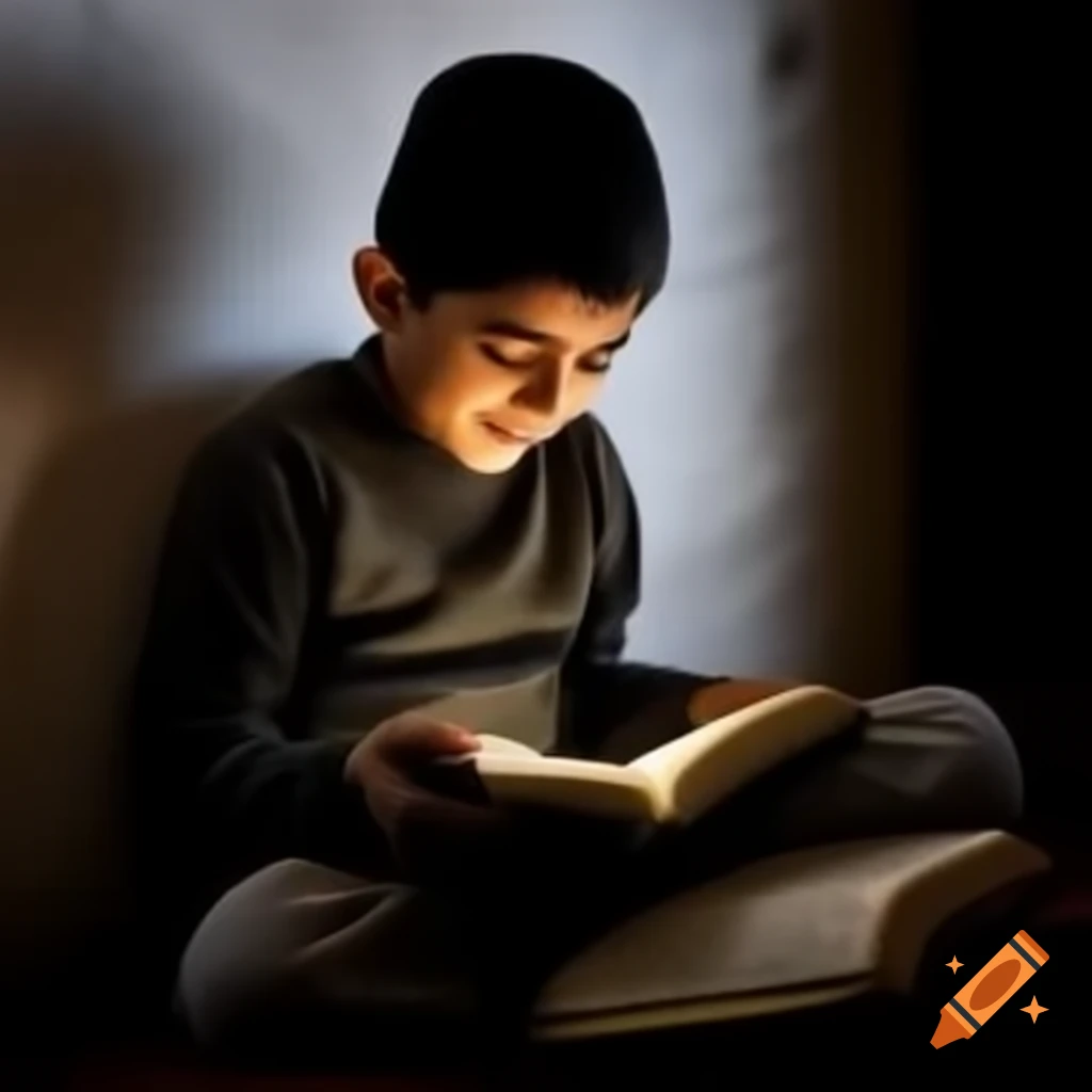Iranian child reading Quran and smiling in a deprived area with white lighting
