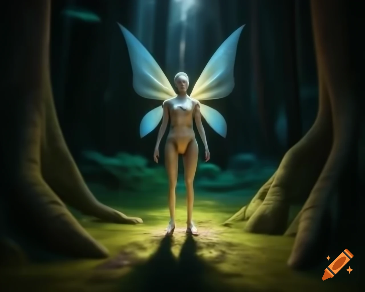 Photorealistic 3D render of a fairy beside a tree in a forest