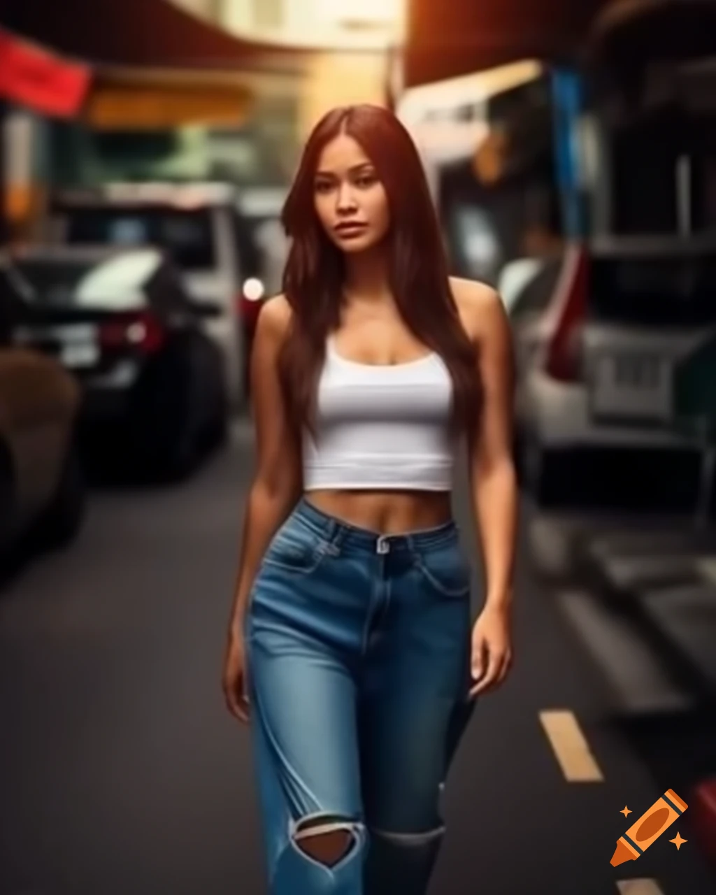 Malay woman in tank tops and jeans walking on Kuala Lumpur streets in morning light