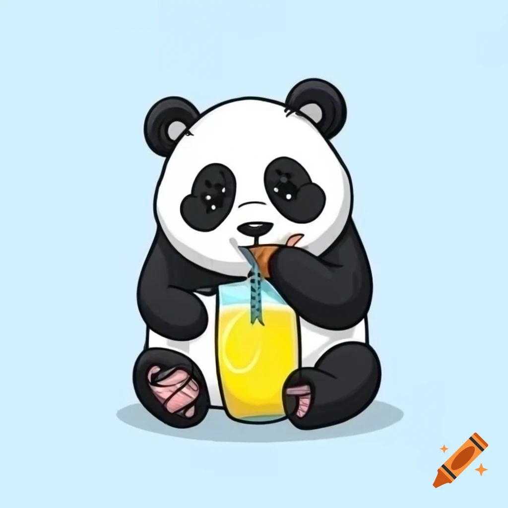 Cartoon art of panda bear enjoying lemon drink