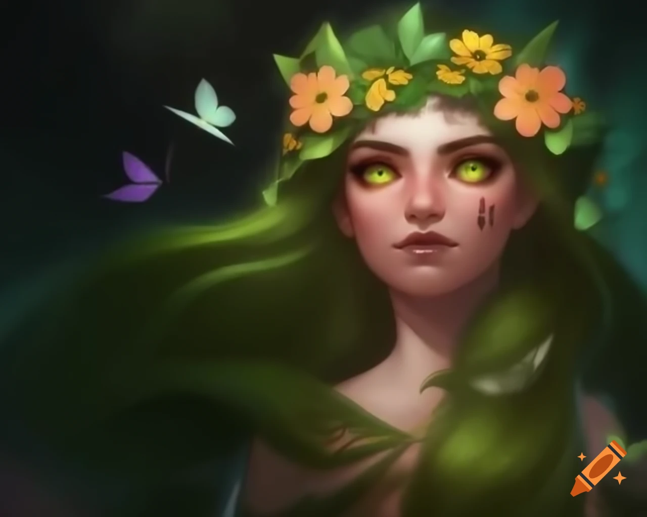 Hyperrealistic depiction of mystical Norse Celtic woman with floral and butterfly accents in hair