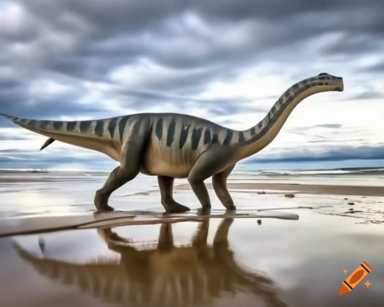Allosaurus walking on puddly beach with sand ripples and driftwood in British Columbia