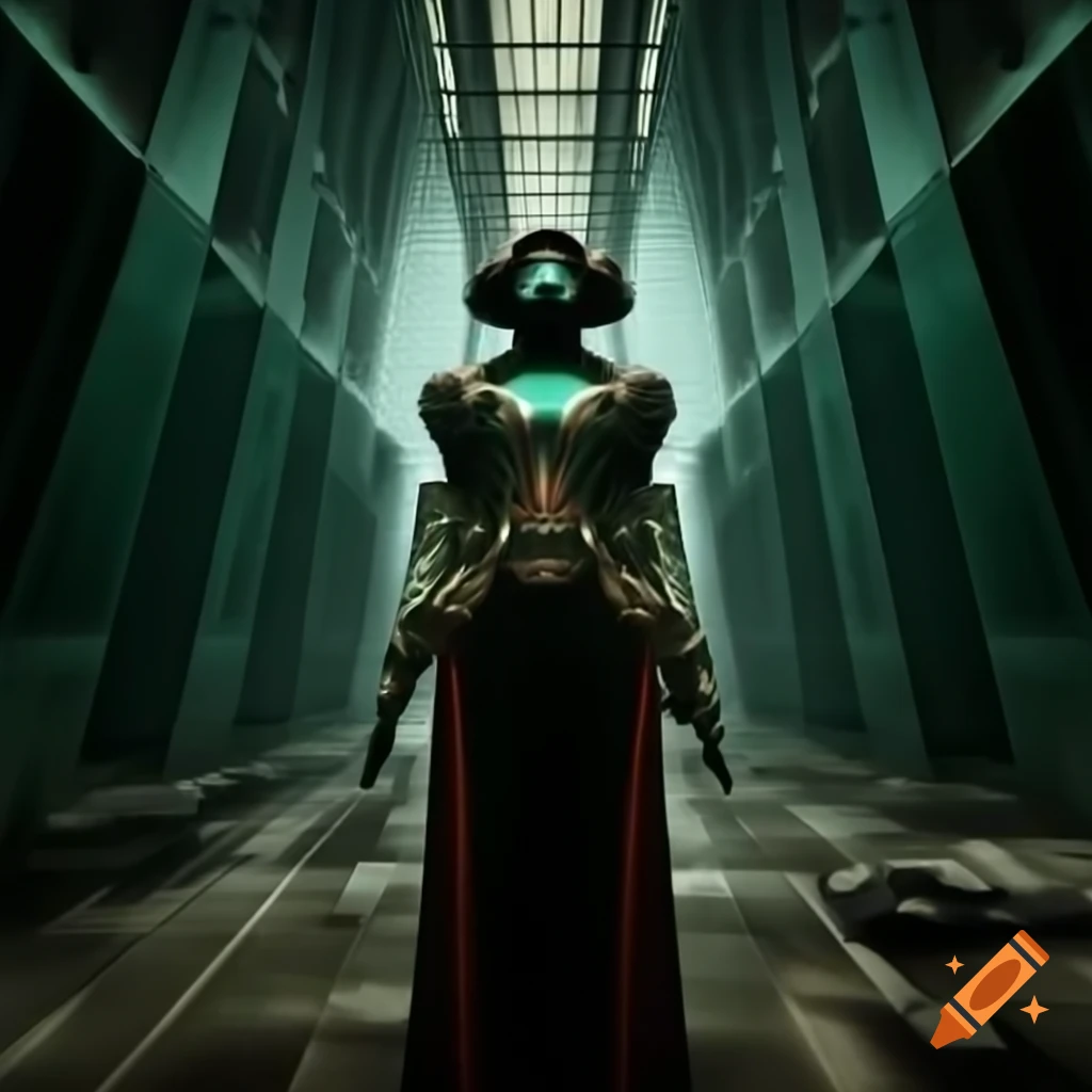 Dystopian future envisioned with Art Deco geometric elegance in deep blues and teals