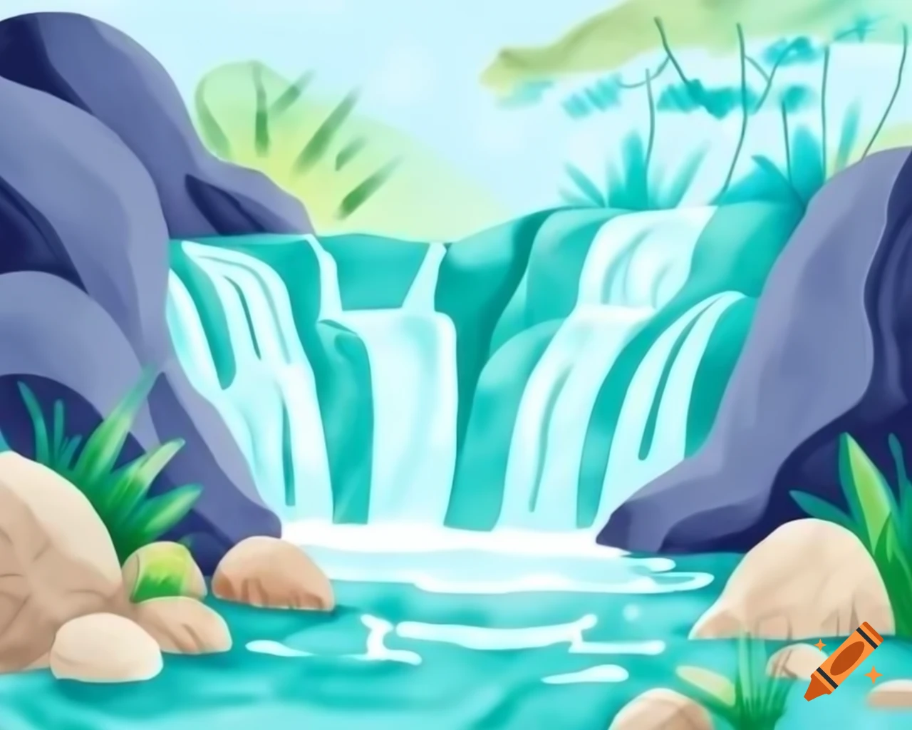 Bubbling brook over pebbles in aqua blue and green watercolor cartoon style