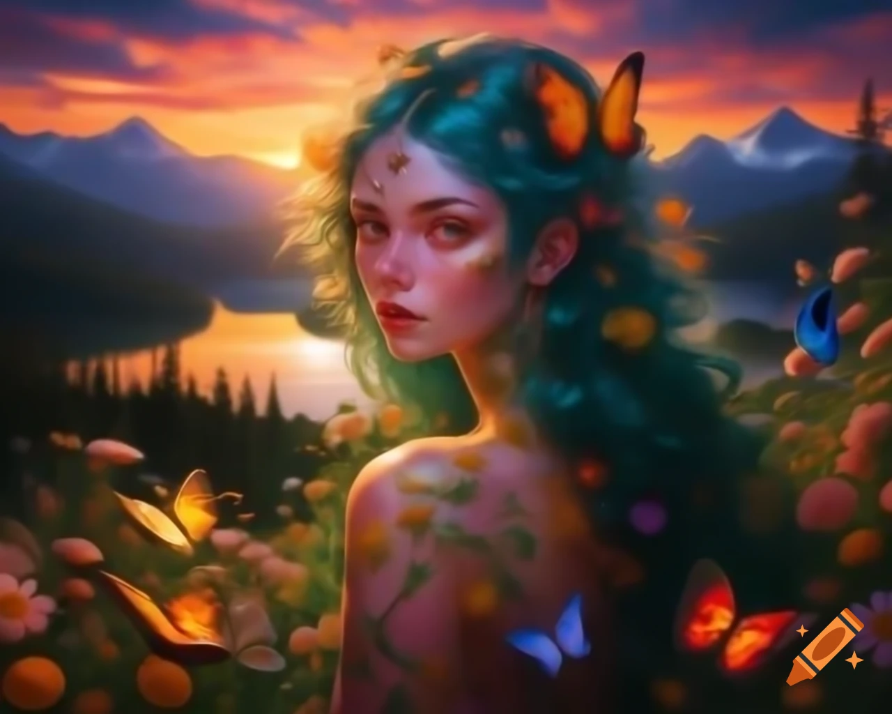 Enchanting Colorful haired Woman With Wildflowers And Butterflies 