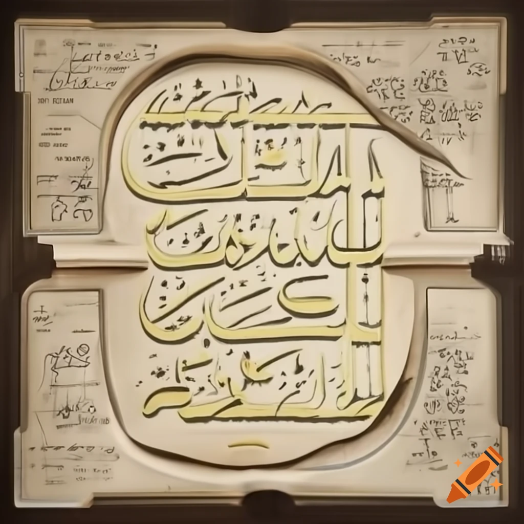 Stone lithograph of action scene from 'The Arabian Nights' with Islamic calligraphy