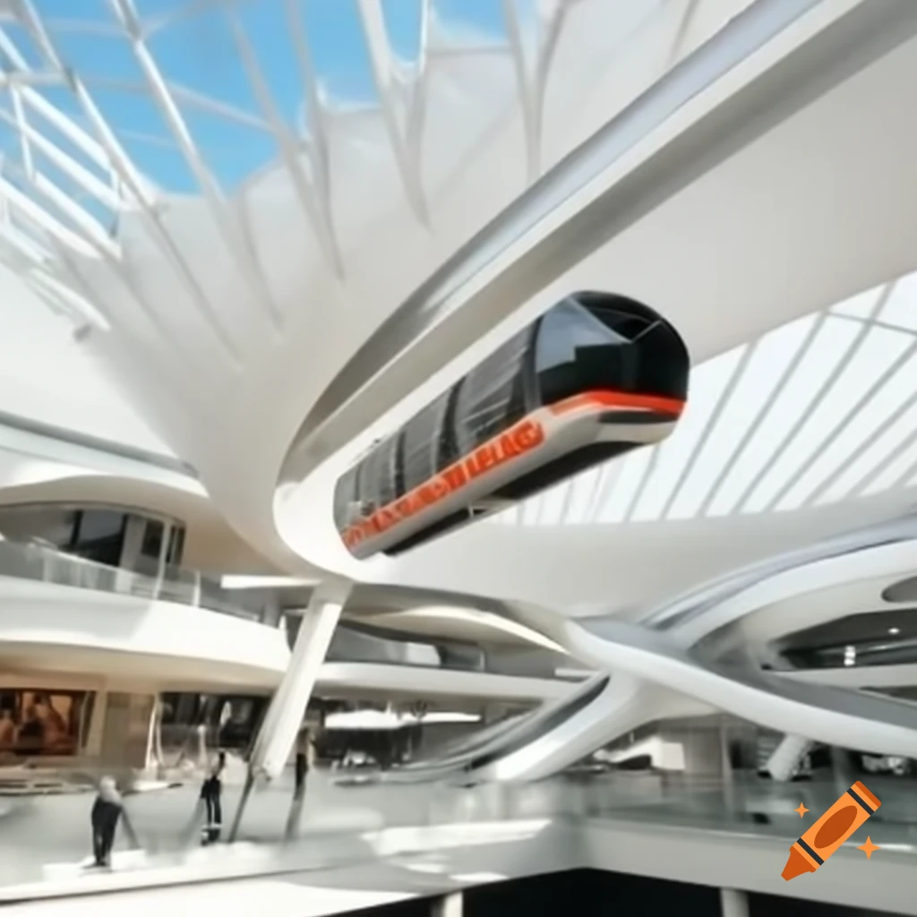 Futuristic monorail pods suspended from mall ceiling