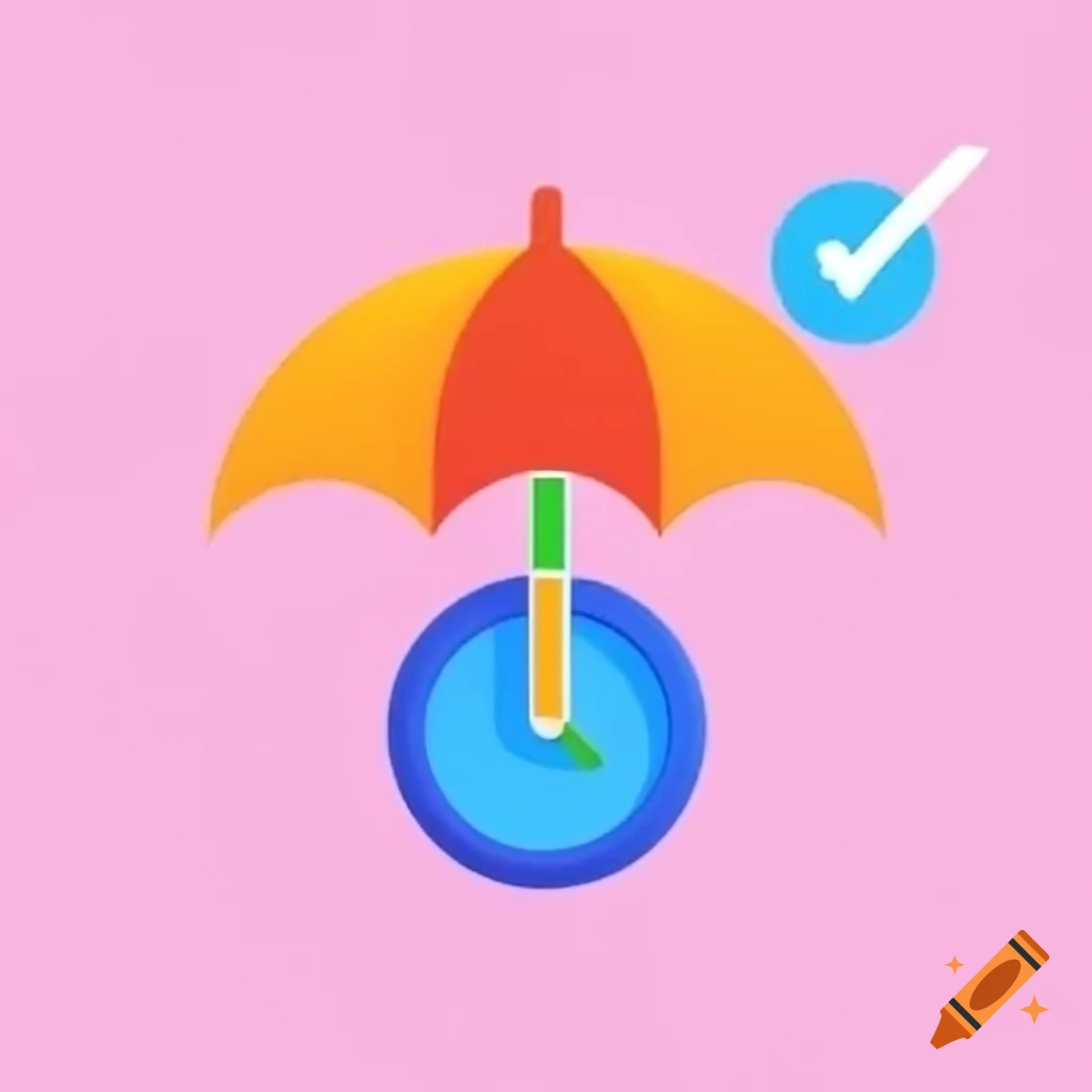 Logo design featuring a rainbow umbrella, clock, and eye
