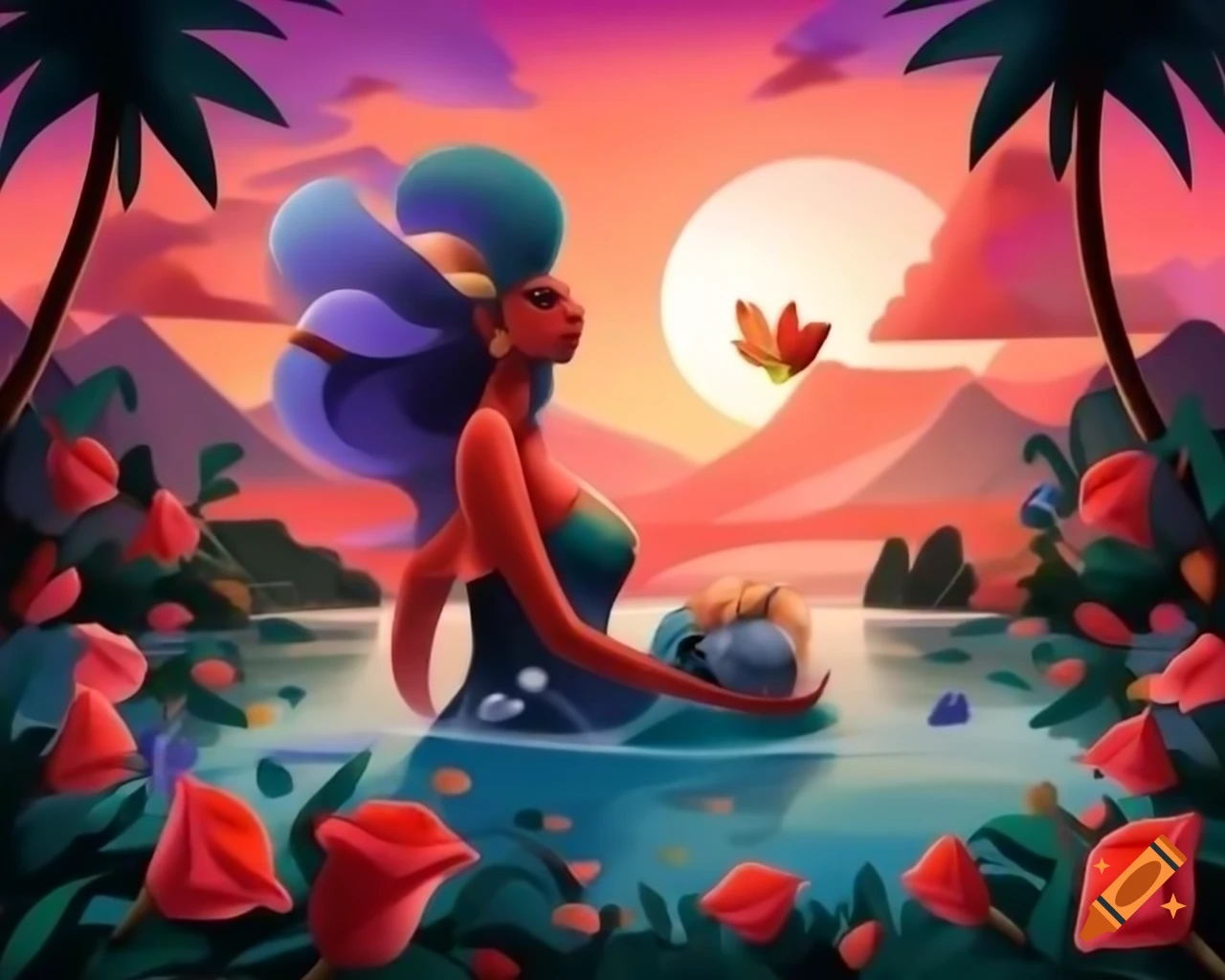 Beautiful woman with surreal wig made of vibrant objects in sunset light