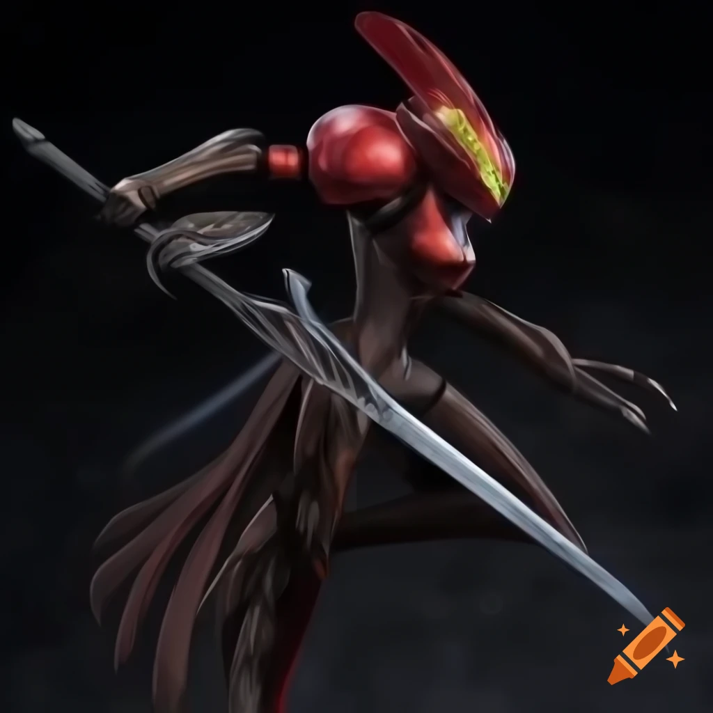 Organic horror-themed artwork featuring a female beast with a massive sword