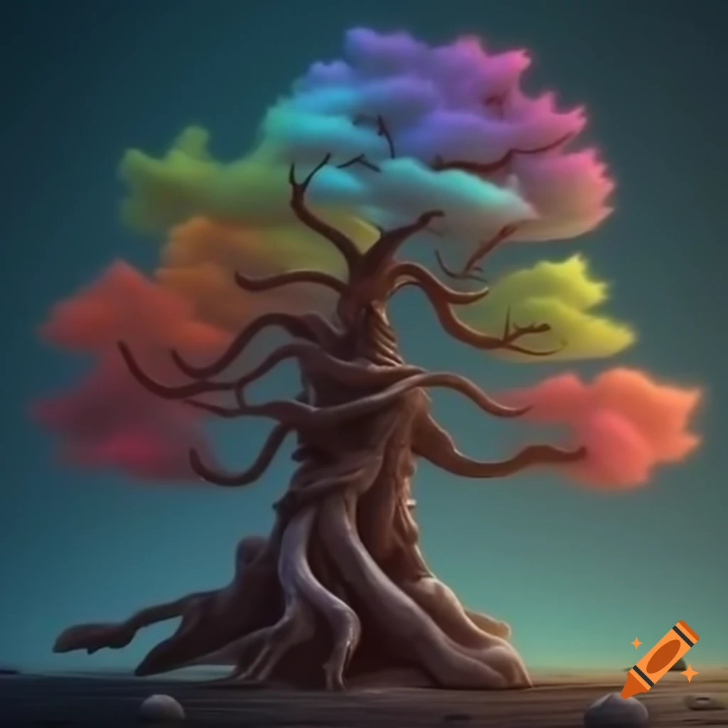 Pine tree with multi-colored needles in a fantasy setting