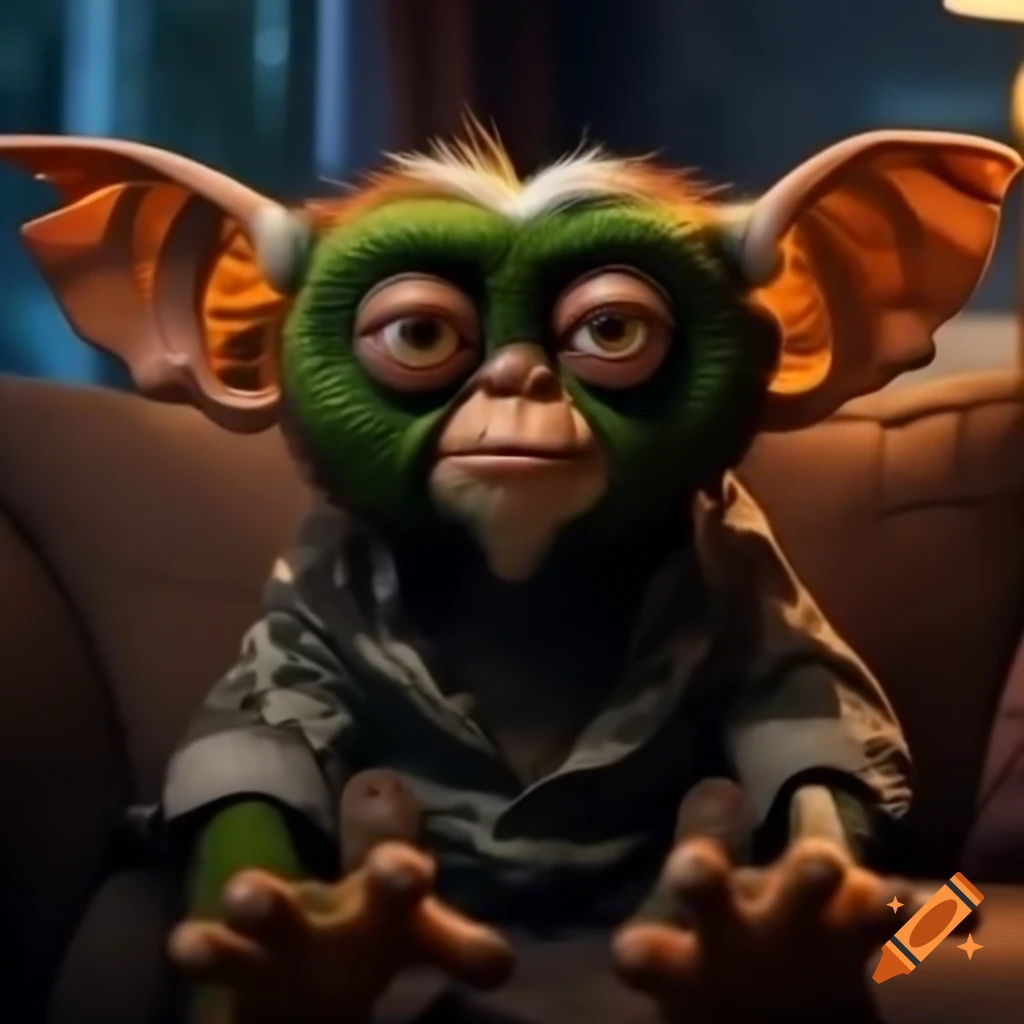 Grumpy gremlin in camo shirt sitting on couch