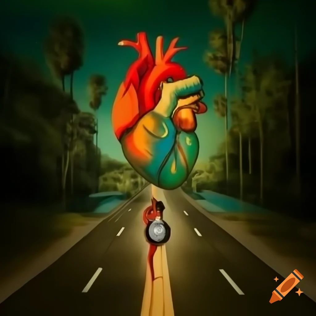 Concept art of a human heart made of roads linking a couple, featuring a clock showing 11:11 with tropical vibes