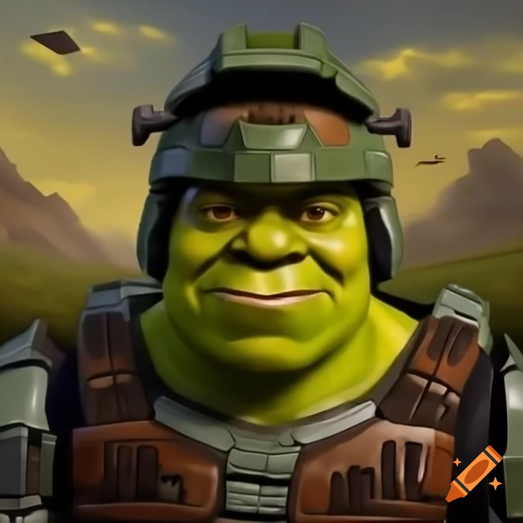 Shrek character encountering Master Chief from Halo